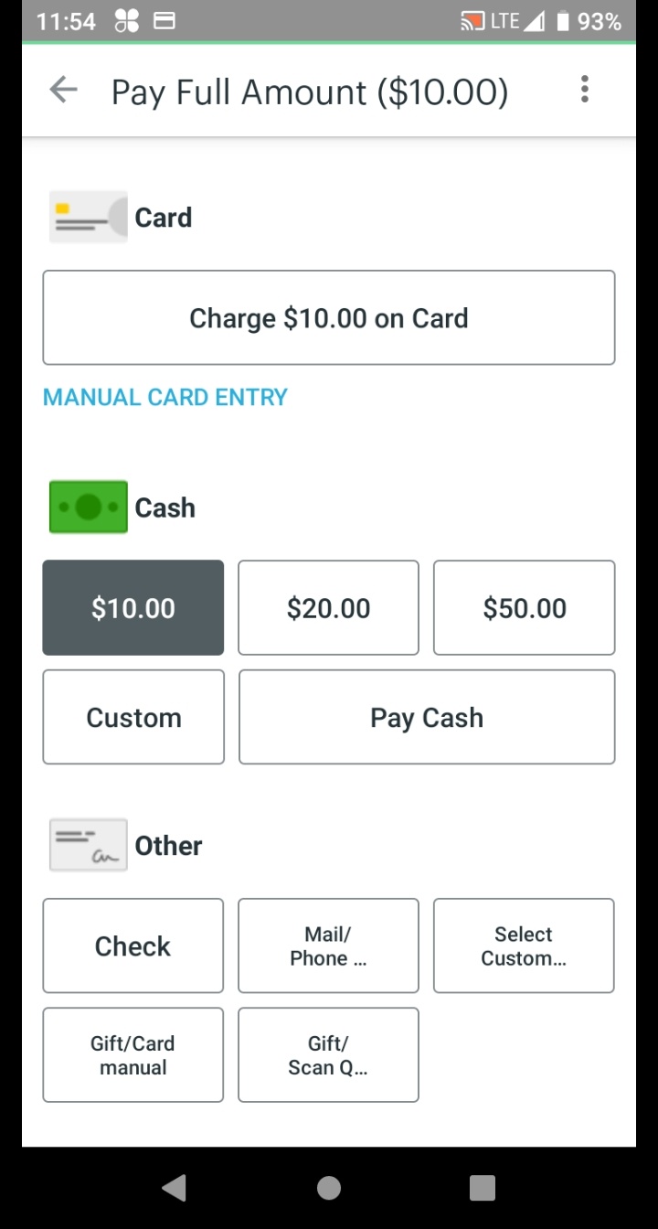 Cash payment selection screen showing bill buttons.